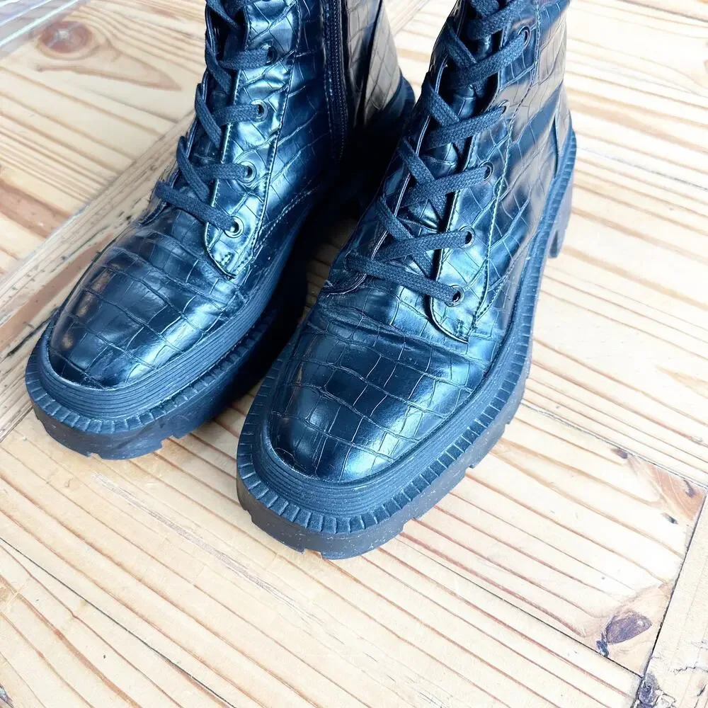 Zara Black Croc Embossed Combat Boots Platform Lug Sole Lace Up EU 39 US 8 - Picture 6 of 12